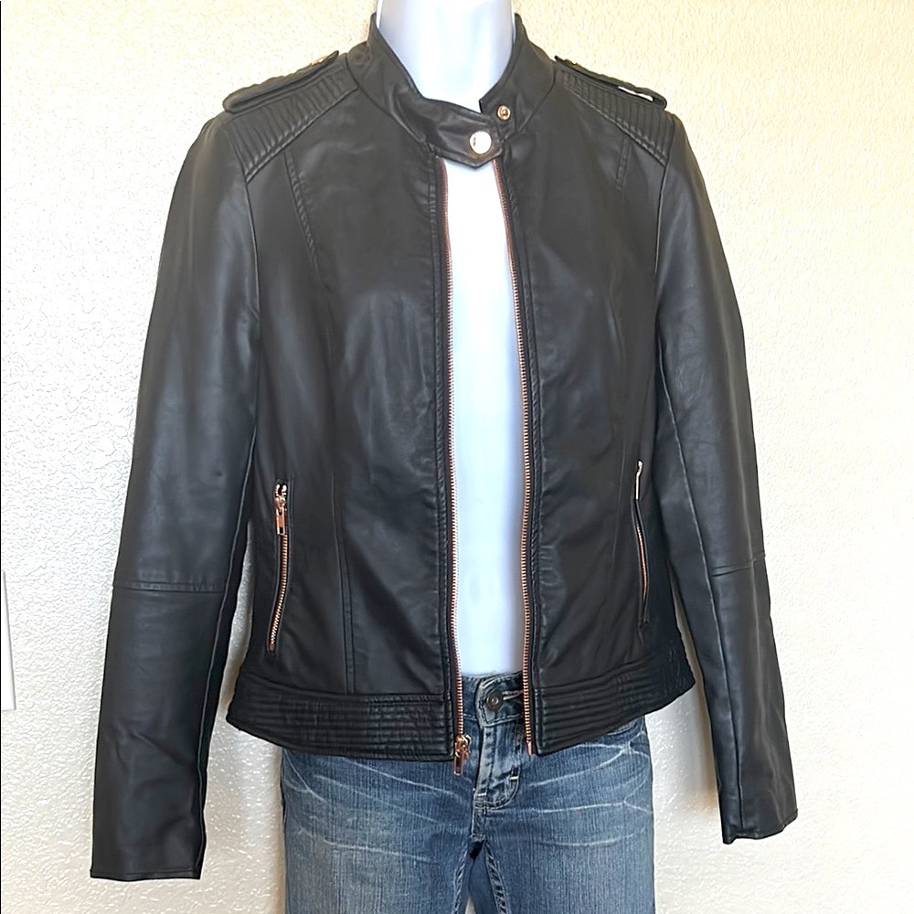 🏍️ Apt. 9 Black Moto Vegan Leather & Rose Gold Jacket Small NWOT